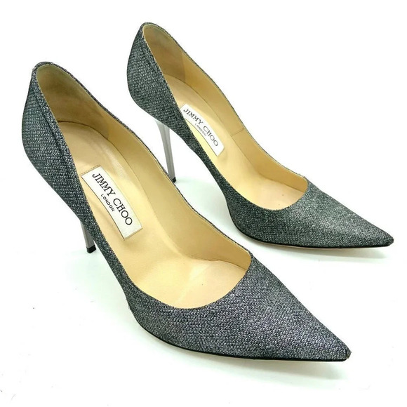 Jimmy Choo Romy 100 Silver Anthracite Stiletto Glitter Heel Pumps, EU 40.5 US 10 - Picture 4 of 11